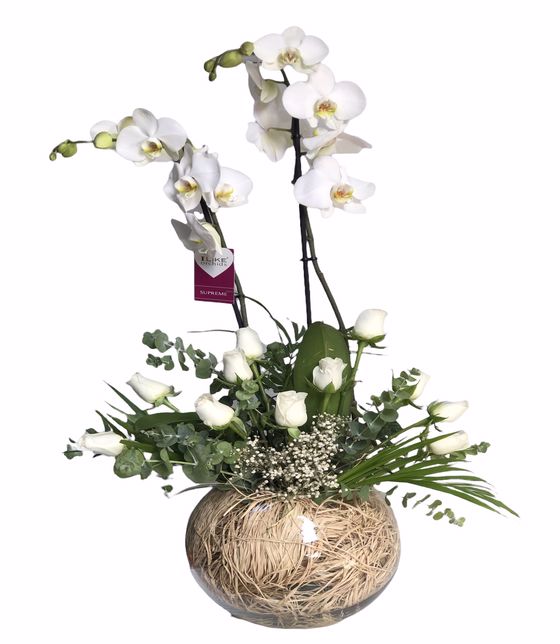 İthal Çift Dal Orkide ve Beyaz Güller